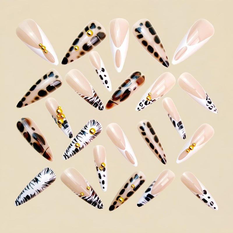 SINHOT Stiletto Press on Nails Long - Long Fake Nails, Glossy Finish, Zebra Stripes & Gold Chrome Pearls, DIY Artificial False Nail Art - 24 Pcs Nail Kit with Glue - Image 3